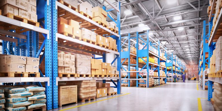 Organised warehouse shelving stocked with goods