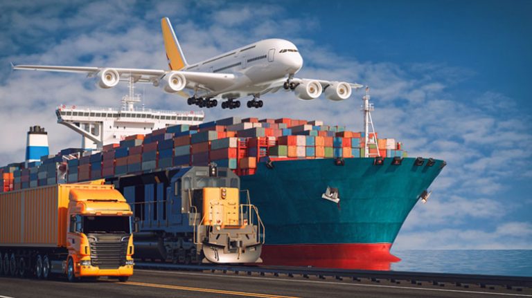 Ship, aircraft and trucks representing combined freight options