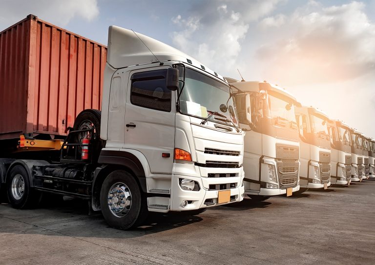 A fleet of cargo trucks lined up for transport